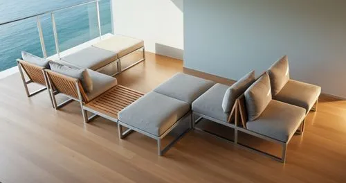 sofá de área externa em um ambiente de varanda , em aluminio com estofado, cores neutras conforme imagem. mesa lateral com madeira ripada,seating furniture,folding table,danish furniture,steelcase,tab