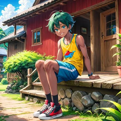 2d,summer day,malasada,summer clothing,green summer,anime boy,summer background,anime japanese clothing,playing outdoors,meteora,park bench,studio ghibli,emerald,nikko,bench,sitting,summer,summer sky,outside,gamecube,Anime,Anime,General