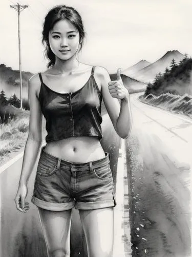 B&W high res photo: A poor-looking young woman stands at the side of the road with her thumb up, hitchhiking.,drawing of a female with a umbrella standing next to a road,vietnamese woman,girl walking 