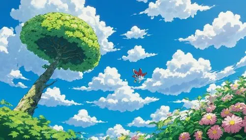 blooming field,studio ghibli,falling flowers,sky,flower field,spring background,summer sky,bird kingdom,clouds - sky,springtime background,sakura background,sea of flowers,canopy,hot-air-balloon-valley-sky,芦ﾉ湖,flying seeds,fairy world,balloon trip,field of flowers,clover meadow,Illustration,Japanese style,Japanese Style 05