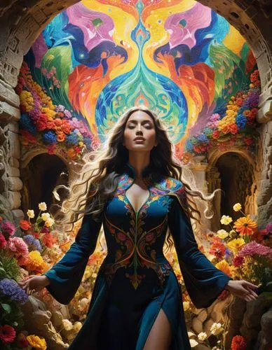 a woman wearing a blue dress stands inside an archway with flowers and a man,fantasy woman,fantasy picture,fantasia,fantasy art,the enchantress,fnm,Illustration,Realistic Fantasy,Realistic Fantasy 25