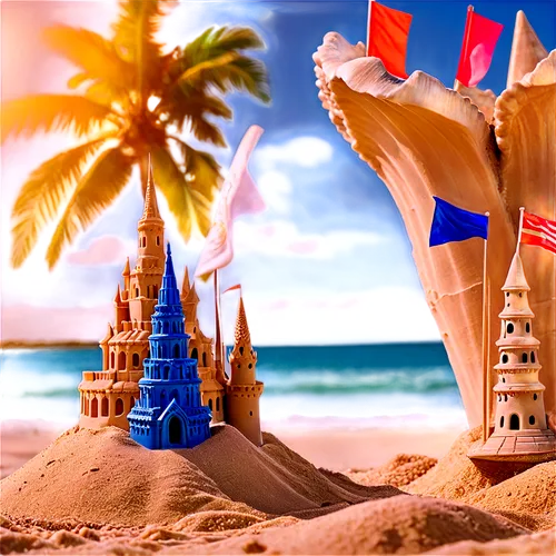 Sand castle, majestic, towering, intricate details, seashell decorations, moat surrounding, flags on top, sunny day, warm lighting, shallow depth of field, 3/4 composition, soft focus, vivid colors, t