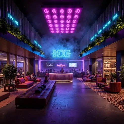 Vibrant nightclub interior, dark tones, neon lights, strobe effects, DJ booth, dance floor, VIP lounge areas, eco-friendly materials, recycled glass surfaces, low-VOC paints, energy-efficient LED ligh