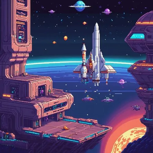 Pixel Art， game Scene,space port,spaceport,futuristic landscape,spacescraft,spaceship interior,homeworld,spaceship space,skyterra,spaceland,pixel art,space ships,spacecrafts,spaceports,cartoon video g