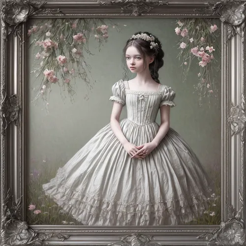 eglantine,antique background,rosa 'the fairy,dahlia white-green,victorian lady,princess sofia,vintage lavender background,flower girl,little girl fairy,rococo,child portrait,mystical portrait of a gir