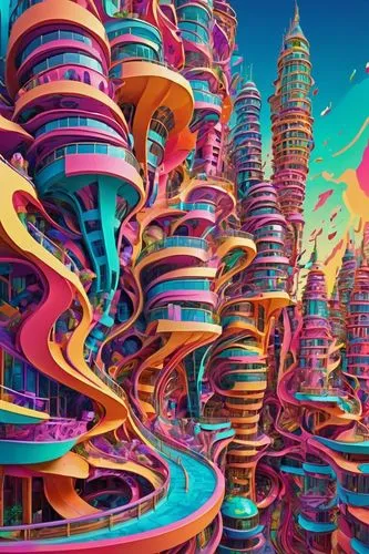 colorful city,fantasy city,kaleidoscape,futuristic landscape,colorful spiral,imaginationland,fractal environment,labyrinths,futurist,heterotopia,cybercity,psychedelia,candyland,ecotopia,fractals art,sedensky,3d fantasy,cybertown,hypermodern,psychedelic,Conceptual Art,Oil color,Oil Color 23