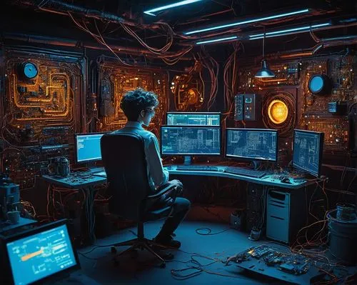 computer room,man with a computer,computer workstation,working space,computer desk,the server room,control center,engine room,cyberpunk,sci fi surgery room,computer,computer art,engineer,creative office,computer addiction,barebone computer,computer freak,work space,in a working environment,modern office,Illustration,Vector,Vector 14