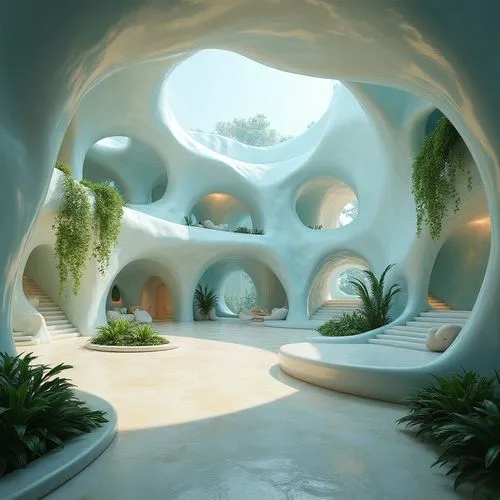 Organic architecture, futuristic building, incorporating baby blue fabrics, soft glow, iridescent, translucent materials, undulating curves, fluid shapes, ethereal ambiance, misty atmosphere, lush gre