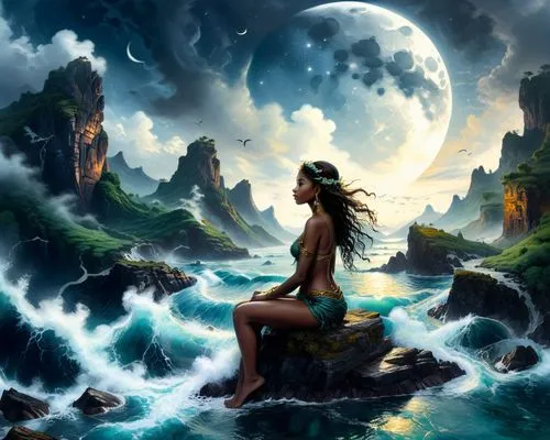 the girl sitting on a rock near the ocean,fantasy picture,amphitrite,fantasy art,mermaid background,atlantica,moonlit night,Illustration,Realistic Fantasy,Realistic Fantasy 25