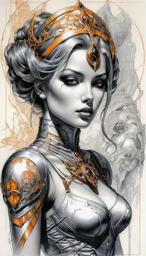 Masterpiece drawing by Hajime Sorayama
, in the style of feminine portraiture, golden light, light gray, pensive poses, smokey background, light orange and light black, light & shadow , editorial draw