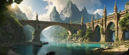 fantasy landscape,futuristic landscape,dragon bridge,fantasy picture,ancient city,3d fantasy,scenic bridge,stone bridge,arch bridge,bridge arch,tied-arch bridge,fantasy world,bridges,northrend,fantasy art,rock bridge,stone arch,karst landscape,imperial shores,devil's bridge,Art,Artistic Painting,Artistic Painting 07