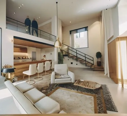 Design a minimalist style loft in an open space with double height. The living room has modern armchairs and a Persian-style rug on a wooden floor. The kitchen has a bar with modern finishes. There is