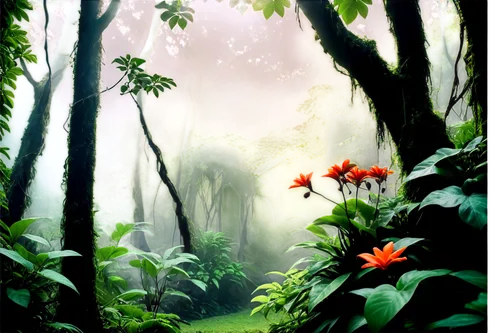 tropical forest,rainforest,rain forest,rainforests,jungles,fairy forest,philodendrons,jungle,cartoon video game background,jungly,elven forest,tropical jungle,forest background,nature background,forest of dreams,epiphytes,forests,forest landscape,world digital painting,forest flower,Illustration,Realistic Fantasy,Realistic Fantasy 41