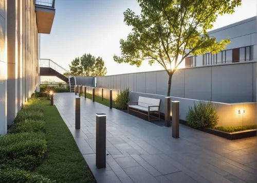 Rear Yard of a residential building. grey pavers, grass with planting and lights. Glass staircase at the end of the yard. add trees.,landscape design sydney,landscape designers sydney,garden design sy