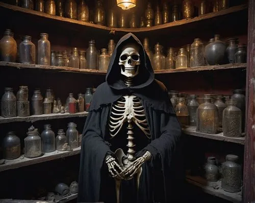 Skeleton merchant, standing, spooky eyes, glowing red pupils, bony fingers, black hooded cloak, tattered edges, rusty old scales armor, eerie aura, mysterious grin, dimly lit, old abandoned shop, dust