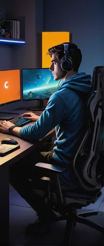 1character, young adult, gamer, focused expression, casual clothing, sitting at computer desk, modern room, gaming setup, multiple monitors, ambient room lighting, side view, realistic textures, detai