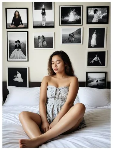 a woman makes herself comfortable on the bed in front of a few photos,a woman sitting on a bed with pictures above her,padmasana,girl in bed,woman on bed,meditator,meditating,relaxed young girl