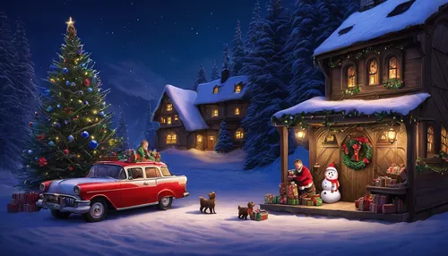 christmas scene,christmas cars,christmas town,christmas car,christmas landscape,christmas snowy background,christmas truck,christmas trailer,christmas caravan,the holiday of lights,christmas village,christmasbackground,christmas retro car,winter village,christmas pick up truck,christmas wallpaper,santa claus train,christmas background,elves flight,christmas car with tree,Conceptual Art,Fantasy,Fantasy 28