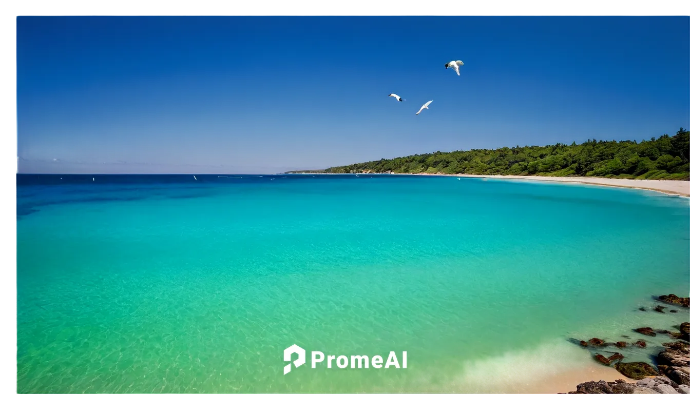 panoramic view, serene beach scene, turquoise ocean water, gentle waves, sandy shoreline, beach rocks, seagulls flying overhead, sunny day, soft warm lighting, high contrast, cinematic composition, sh