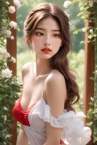 A radiant girl with long brown hair and rosy cheeks in her hair strides towards the camera with a mischievous grin. She wears a red bikini dress with white details, and her eyes sparkle with satisfact