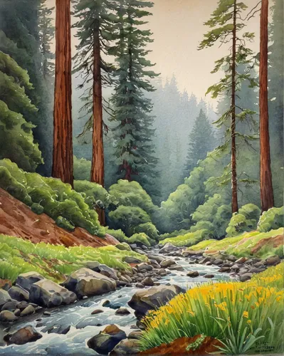 L.P. Latimer, Redwoods, Creek, 1902, Watercolor, Collection of Roger and Kathy Carter,salt meadow landscape,forest landscape,riparian forest,redwoods,brook landscape,river landscape,northwest forest,m