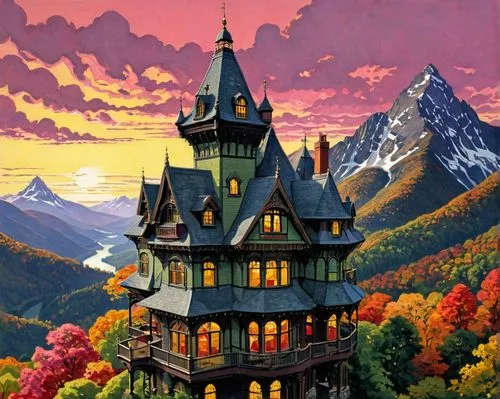 fairy tale castle,fairytale castle,witch's house,house in mountains,house in the mountains,knight's castle,Illustration,American Style,American Style 03