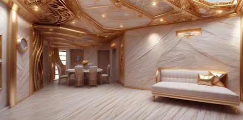 gold wall,3d rendering,wood diamonds,interior design,ornate room,laminated wood,gold paint stroke,plywood,gold lacquer,interior decoration,render,hallway space,attic,3d rendered,3d render,wood grain,room divider,wooden floor,hallway,wood floor