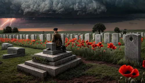 more lighting in the sky  extra poppy's  one big grave stone in the center with a young soldier kneeling down ,war graves,seidenmohn,australian cemetery,french military graveyard,military cemetery,sol