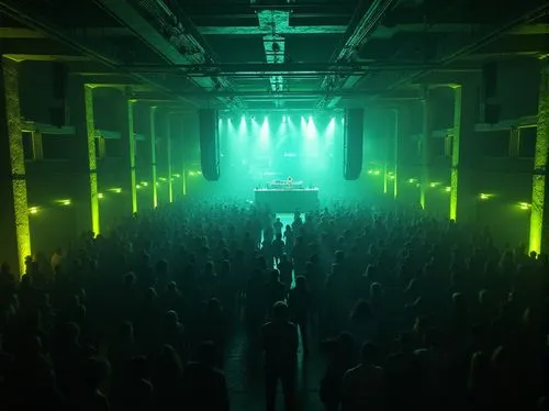 Industrial music venue, brutalist architecture, lime green accent walls, concrete floors, metal beams, spotlights, fog machines, dimly lit atmosphere, crowded audience, raised stage, DJ booth, speaker