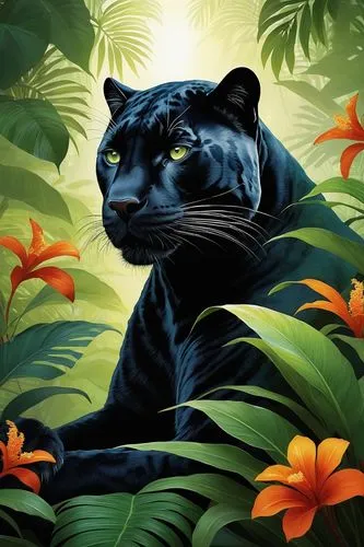 Create an image of a black panther sitting elegantly amidst a lush jungle. The panther should have a sleek, muscular build and a glossy coat, with hints of subtle blue highlights that reflect light. I