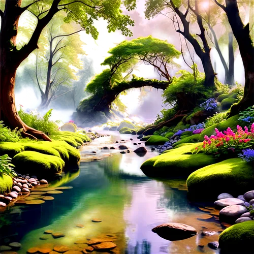 cartoon video game background,nature background,watercolor background,fairy forest,fantasy landscape,landscape background,brook landscape,fairy world,forest landscape,nature wallpaper,world digital painting,nature landscape,river landscape,mountain spring,japan landscape,spring background,mountain stream,fairytale forest,springtime background,tropical forest,Illustration,Realistic Fantasy,Realistic Fantasy 43