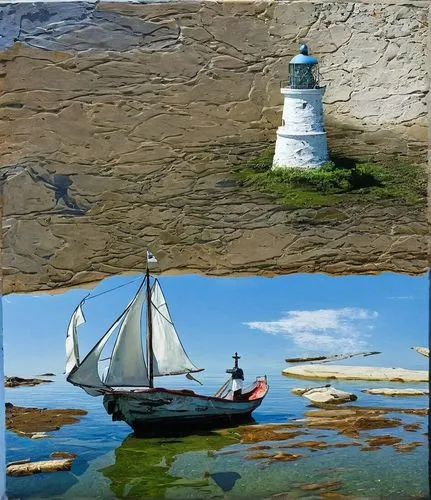 small boat. lighthouse in backfront,hvaler,quiberon,suomenlinna,inishmaan,skokholm,skagerrak,marstrand,sveaborg,midtjylland,photo painting,stjarnan,sakonnet,titicaca,manomet,bohus,isles of scilly,varb