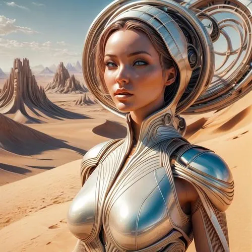 an artisticly rendered picture of a woman wearing silver in the desert,afrofuturism,barsoom,dune,valerian,andromeda,amidala