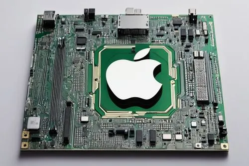 Apple M3 chip, futuristic, sleek design, silver metal casing, intricate circuitry patterns, tiny ventilation holes, LED indicator lights, compact motherboard, high-performance CPU, advanced GPU, AI-po