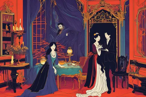 absinthe,four poster,clamp,nightshade family,art nouveau,witches,masquerade,dracula,mystery book cover,vintage illustration,dance of death,witch house,four-poster,art nouveau design,book illustration,bram stoker,the victorian era,gothic fashion,clue and white,victorian style,Illustration,Japanese style,Japanese Style 21