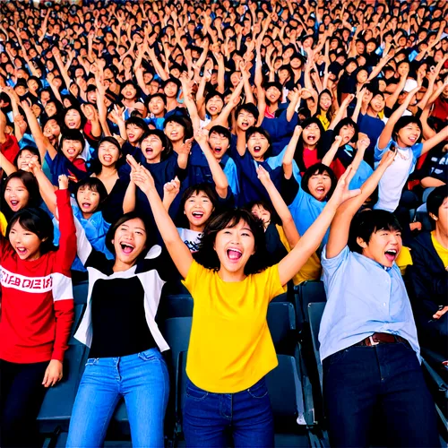 Excited crowd, many faces, varied ages, genders, clothing, cheering gestures, raised arms, open mouths, enthusiastic expressions, stadium seating, bright colors, dynamic composition, high-angle shot, 