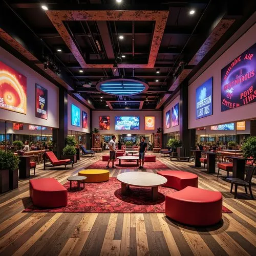 Vibrant fitness club, eclectic interior layout, bold color blocking, contrasting textures, mixed metallic accents, reclaimed wood floors, industrial-chic lighting fixtures, modern abstract artwork, dy