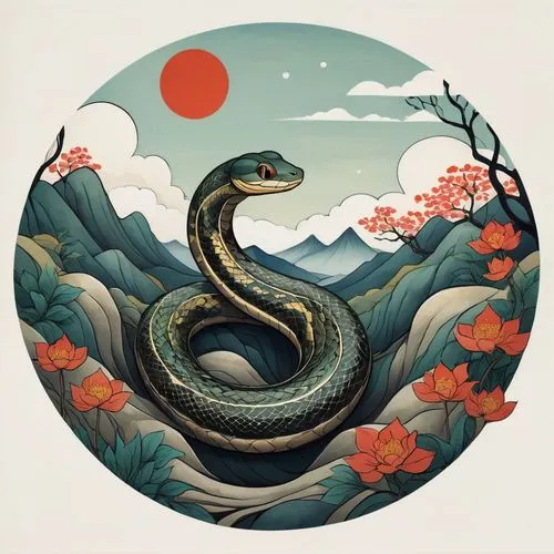 ouroboros,serpent,taoism,vipera,serpiente,serpents,Illustration,Japanese style,Japanese Style 15