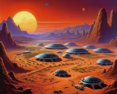 futuristic landscape,alien planet,alien world,bonestell,barsoom,odomes,lunar landscape,mushroom landscape,moon valley,extrasolar,planet mars,valley of the moon,martians,red planet,moonbase,desert desert landscape,homeworlds,desert planet,arrakis,desert landscape,Conceptual Art,Sci-Fi,Sci-Fi 20