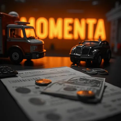 In the heart of a sleek, modern office, a bold, black and white photograph, in the background the word MOMENTA is spelt. The scene  captures the essence of toy bus and ambulance and fire engine and a 