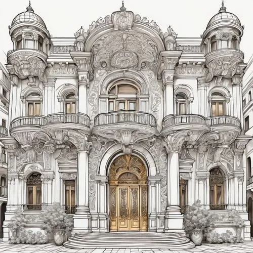 driehaus,marble palace,borromini,dolmabahce,baroque building,facade painting,karchner,persian architecture,ornate,palaces,western architecture,baroque,europe palace,sketchup,chhatri,corinthian,mansard,palace,asian architecture,celsus library,Illustration,Black and White,Black and White 05