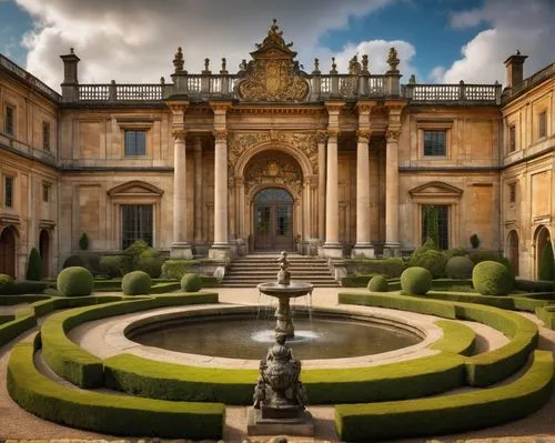 Baroque 17th century English architecture, grandiose, ornate, stone walls, tall columns, arched windows, intricately carved doors, golden decorations, symmetrical facade, manicured gardens, fountain, 