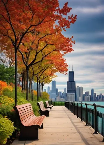 autumn background,park bench,autumn scenery,fall landscape,red bench,lake shore,autumn in the park,chicago skyline,autumn landscape,lakefront,chicagoland,chicago,lakeshore,fall foliage,landscape background,autumn park,colors of autumn,one autumn afternoon,autumn idyll,autumn day,Art,Classical Oil Painting,Classical Oil Painting 17