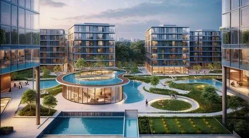 Architectural rendering, view of residential apartments cluster having contemporary styled architecture, landscaped courtyard with swimming pool, lazy river, kids play area, people walking, trees, ben