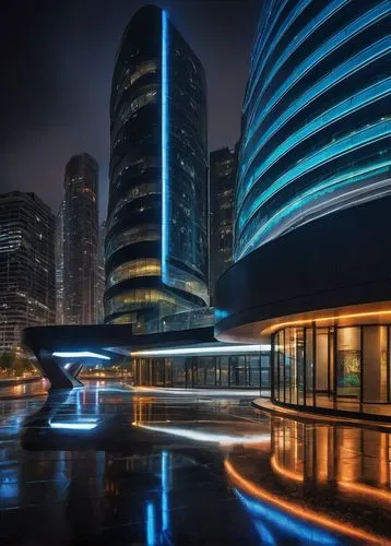 Modern, sleek, futuristic architecture, skyscraper, urban landscape, cityscape, glass, steel, metal, concrete, curves, lines, geometric shapes, LED lights, neon lights, nighttime, rainy, misty atmosph