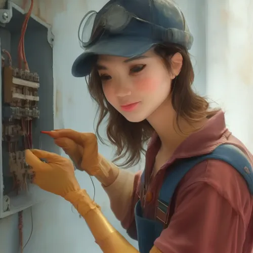 a woman wearing safety gloves and glasses fixes an electrical outlet,female worker,repairman,plumber,engineer,worker,electrician