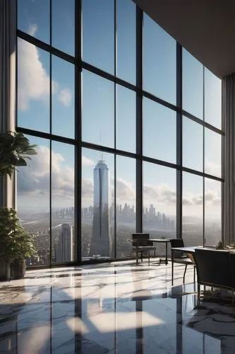 Modern skyscraper, futuristic architecture, cityscape, bustling metropolitan area, glass and steel building, sleek lines, geometric shapes, minimalist design, luxurious interior, marble floors, high c