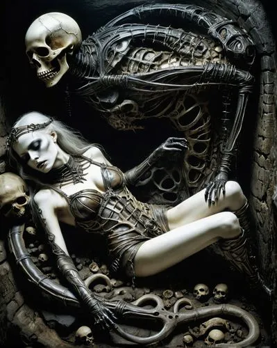 biomechanical,vanitas,dance of death,dark art,memento mori,vintage skeleton,voodoo woman,labyrinth,silver octopus,daemon,dark elf,underworld,skeletal,dark angel,capricorn mother and child,pietà,scull,scorpio,skull bones,extraterrestrial life,Illustration,Realistic Fantasy,Realistic Fantasy 05