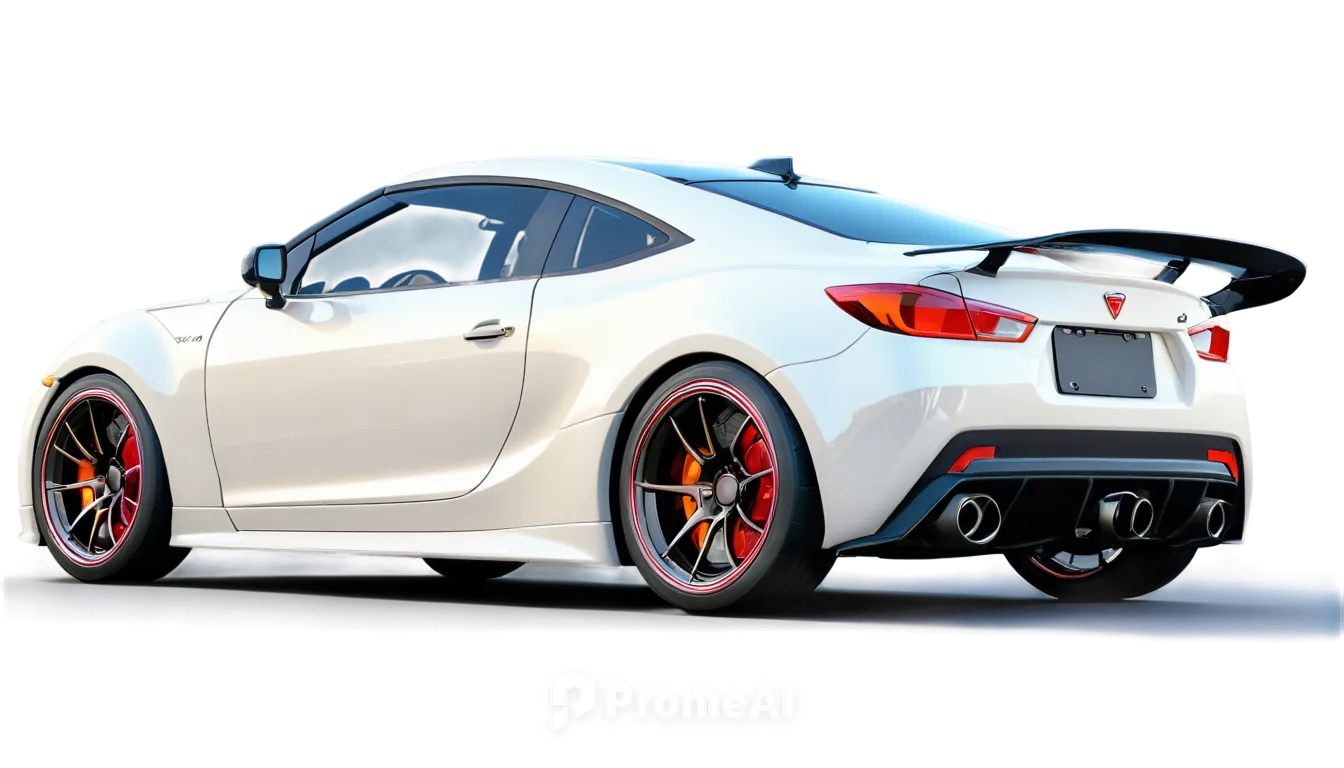 JDM car, sports car, white body, glossy paint, sleek design, sharp headlights, angular lines, 5-spoke wheels, low profile tires, rear spoiler, exhaust pipe, metallic finish, morning light, shallow dep