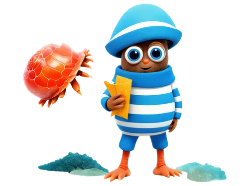 Hermit crab, cartoon style, bright blue shell, big shiny eyes, orange claws, white belly, striped legs, sailor hat, holding a tiny treasure map, standing on tiptoes, looking around curiously, colorful